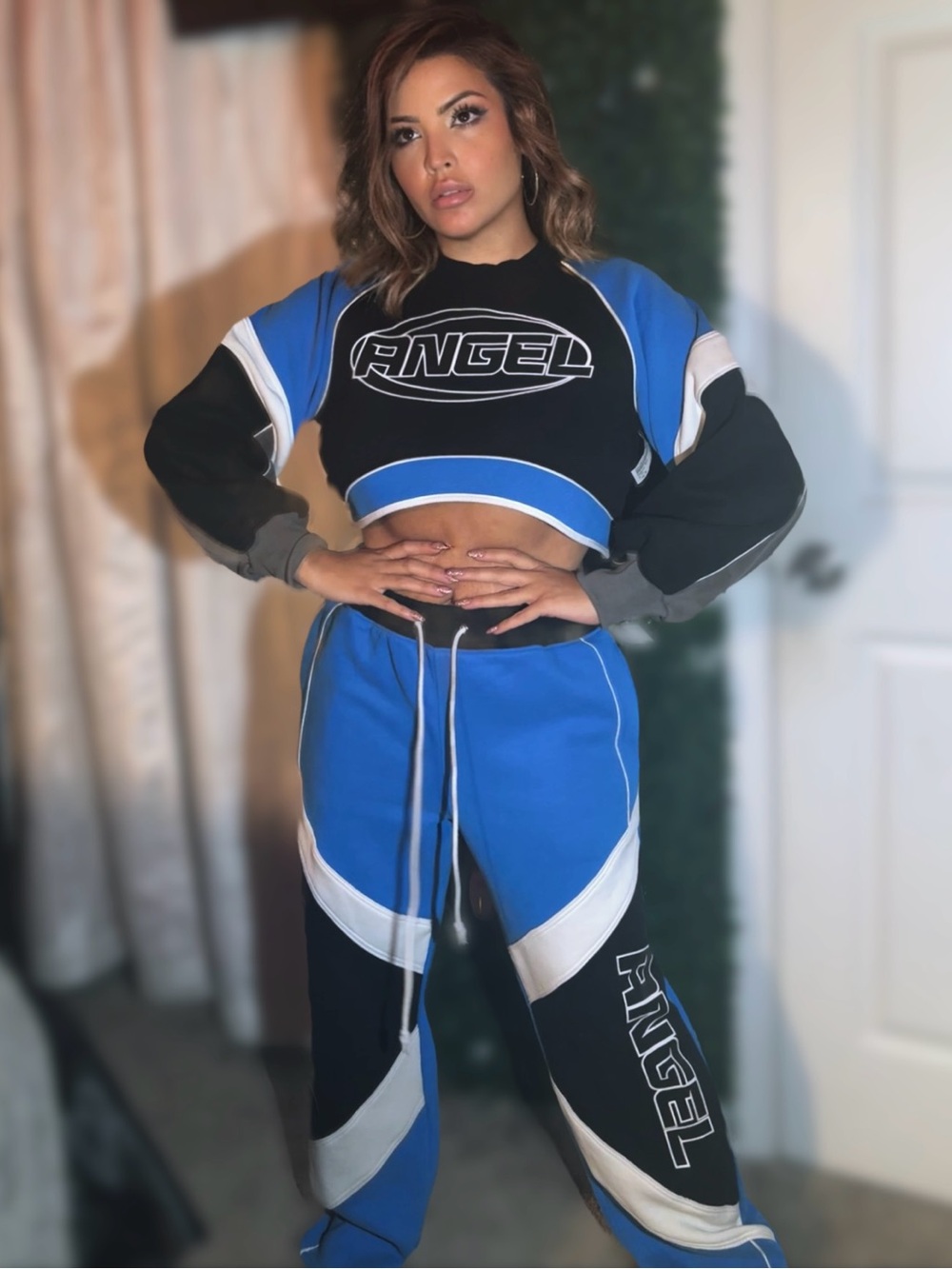 Fashion Nova Blue & Black Colorblock Crop Sweatshirt and Joggers Set